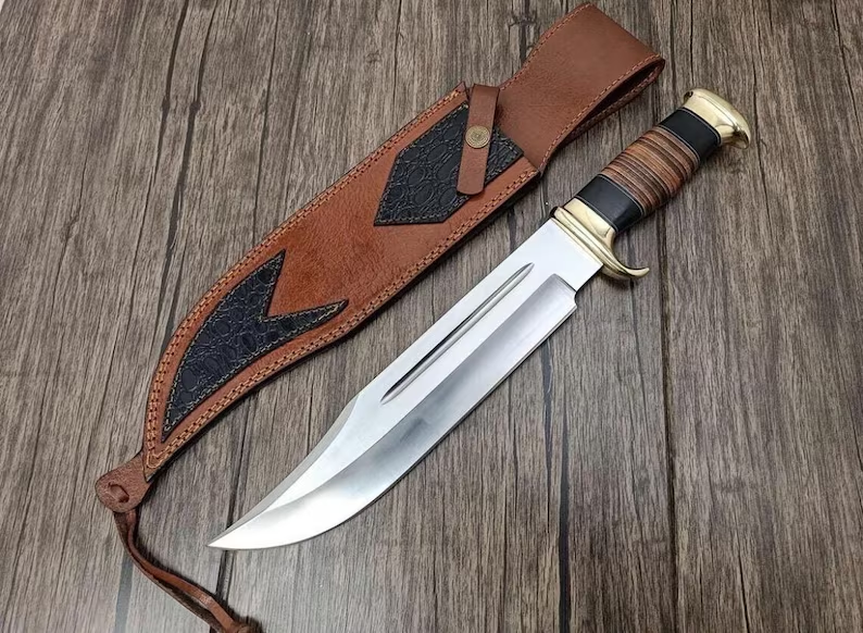 Rankų darbo D2 plieno Bowie peilis su makštimi