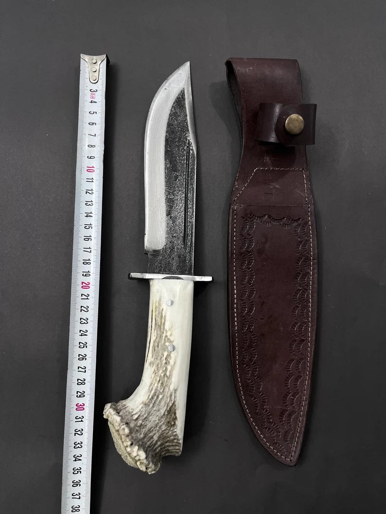 Rankų darbo kaltinio plieno Bowie peilis: elnio rago rankena, odinis makštis